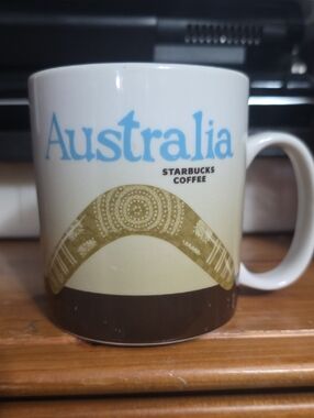 Starbucks White and Blue Australia Mug with Brown Base and Tan Boomerang